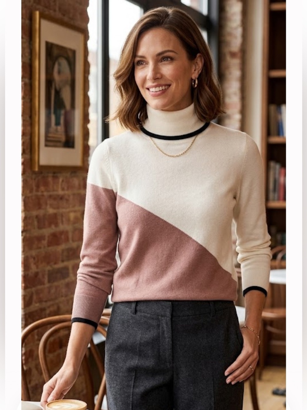 Talbots Cream and Dusty Rose Colorblock Turtleneck Sweater